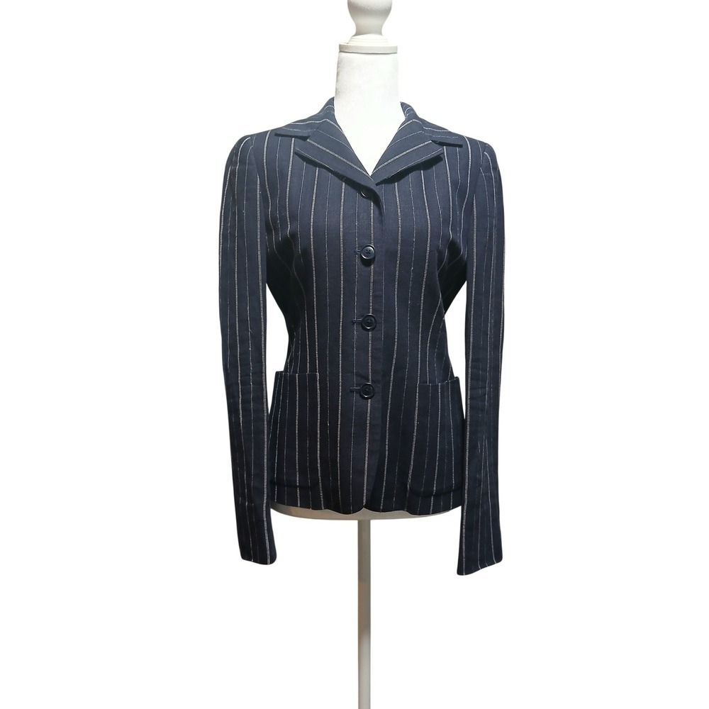 Ralph‎ Lauren Women Navy Blue Pinstripe Linen Blend Blazer Jacket Size 4